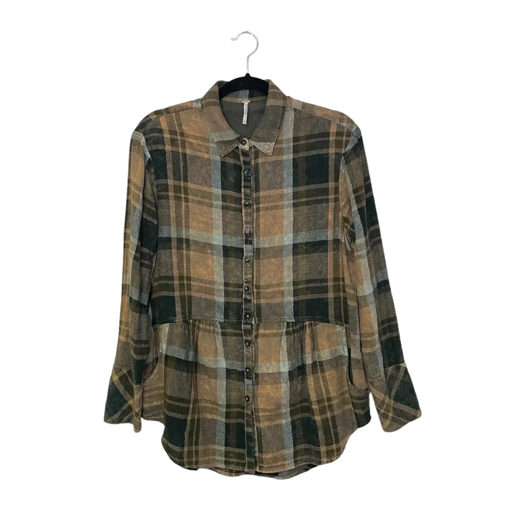 Free People Brown Plaid Flannel Button Up Pockets Long Blouse XS - Picture 1 of 6